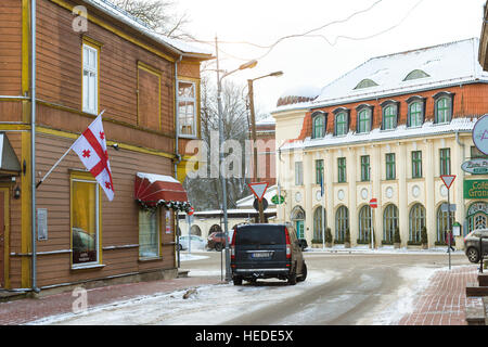Parnu, Estonia - January 10, 2016: Architectural diversity in centre of resort Estonian town Parnu. Historic buildings and attractions. Georgia flag Stock Photo
