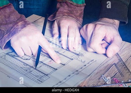 Hands of engineer working on architectural project. Construction concept. Stock Photo