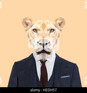 Lioness animal dressed up in navy blue suit with red tie. Business man. Vector illustration. Stock Vector