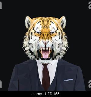 Tiger animal dressed up in navy blue suit with red tie. Business man. Vector illustration. Stock Vector