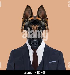 German Shepherd dog animal dressed up in navy blue suit with red tie. Business man. Vector illustration. Stock Vector