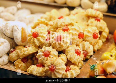 Various type of cakes close up on Christmas market Stock Photo