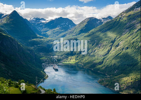 Geiranger fjord aerial view from Eagle's Road. Stock Photo
