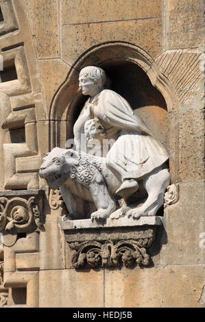 Closeup of a statue on the facade Jak Church in Budapest, Hungary Stock Photo