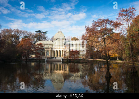 Scenic view of the Crystal palace and lake in Retiro park in early morning. Madrid. Spain. Stock Photo