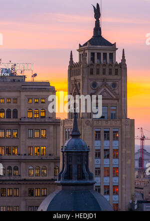 This building in the heart of Madrid was the first skyscraper. The Union and the Phoenix at sunset. Madrid. Spain. Stock Photo