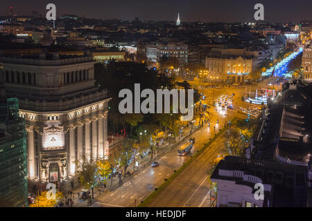 Aerial view of Madrid city skyline with Instituto Cervantes to the left and Bank of Spain in bottom corner. Spain. Stock Photo