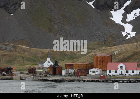 Grytviken, in King Edward Cove, South Georgia viewed from the sea, including the Norwegian Lutheran church Stock Photo