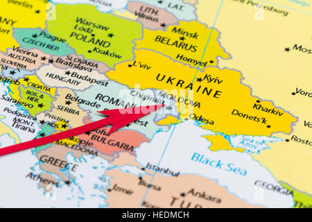 Red arrow pointing Moldova on the map of Europe continent Stock Photo