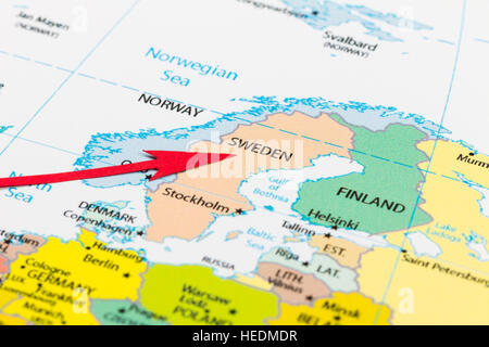 Red arrow pointing Sweden on the map of Europe continent Stock Photo