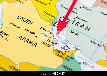 Close up to a Bahrain political map with country frontiers and most ...
