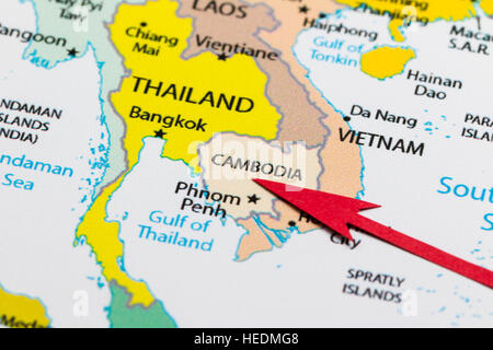 Red arrow pointing Cambodia on the map of Asia continent Stock Photo