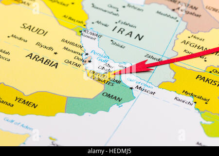 Red arrow pointing United Arab Emirates on the map of Asia continent Stock Photo