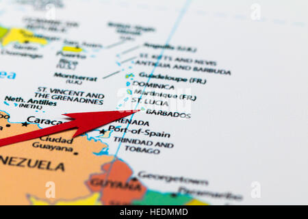 Red arrow pointing Barbados island on the map of south America continent and Caribbean region Stock Photo