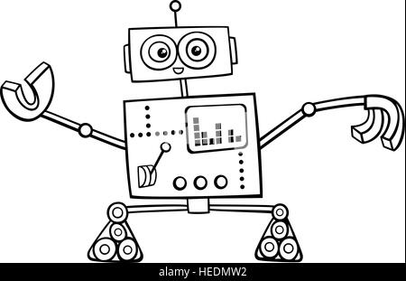Black and White Cartoon Illustration of Funny Robot Fantasy Character Coloring Page Stock Vector