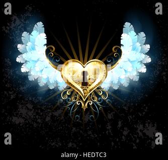 mechanical heart with white fluffy wings on a black textural background. Stock Vector