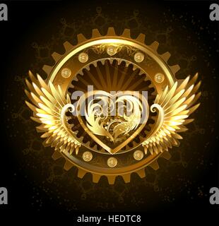 mechanical heart with gears of gold and brass, decorated with metal wings on a black background. Stock Vector