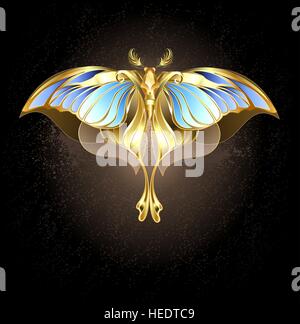 moth of gold and bronze with glass, blue wings on a dark background. Stock Vector
