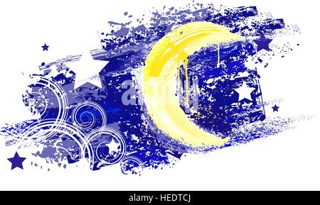 moon and night sky with stars painted saturated yellow and blue paint. Stock Vector
