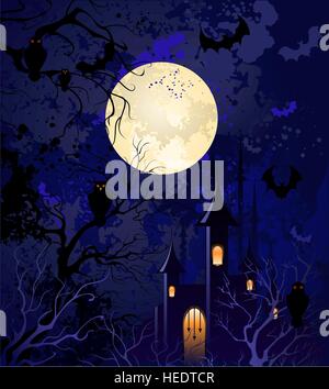 grunge blue background on halloween, with the full moon, night sky, with dried branches of trees, an old castle, flying bats and owls. Stock Vector