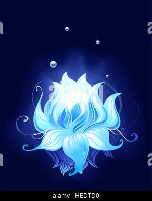 blue lotus with dew drops reflected in the dark water. Stock Vector