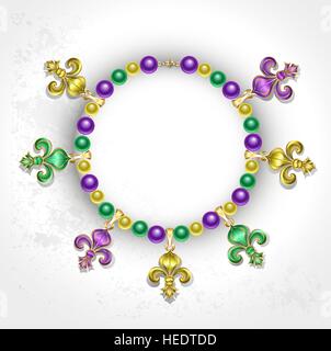 necklace of purple, green, yellow beads, decorated with  Fleur de Lis Stock Vector
