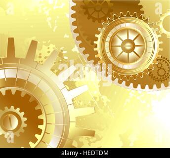 old scratched, shiny gold background with gold cogs. Stock Vector