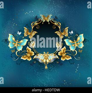 Oval banner decorated with luxurious gold butterflies on a blue background. Stock Vector