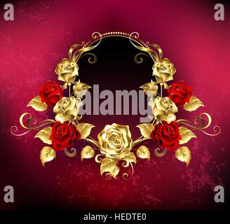 red Oval banner with gold frame decorated with gold and red roses on red background. Stock Vector