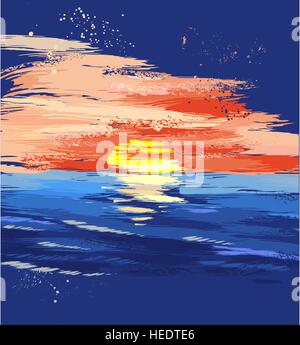 sunset on the sea, drawn by paints, large brush strokes. Stock Vector