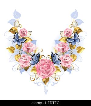 Symmetrical pattern of pink roses, blue butterfly, blue and gold leaf on a white background. Design with roses. Pink rose. Trendy colors. Rose Quartz Stock Vector