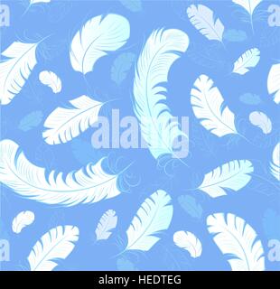 seamless pattern of white, artistically painted, stylized feathers with thin beautiful contours, on a light blue background. Stock Vector