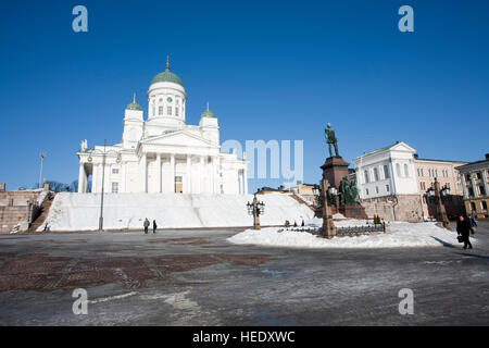 Tuomiokirkko Cathedral and icy Senaatintori, Helsinki Finland Stock Photo