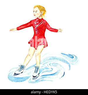 Girl in red dress skating, isolated  hand painted watercolor illustration Stock Photo