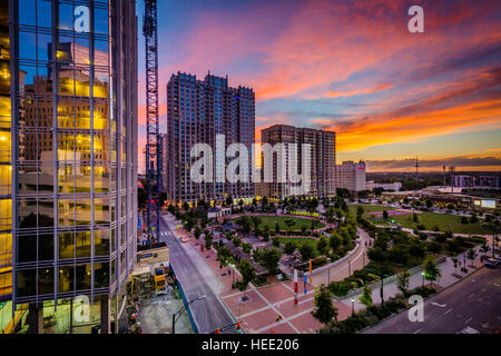 Sunset over Romare Bearden Park, in Uptown Charlotte, North Carolina. Stock Photo