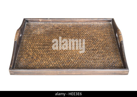Detail of tray dark handmade bamboo weave texture isolated on white background Stock Photo