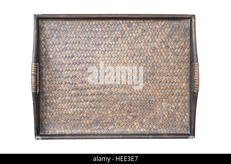 Detail of tray dark handmade bamboo weave texture isolated on white background Stock Photo