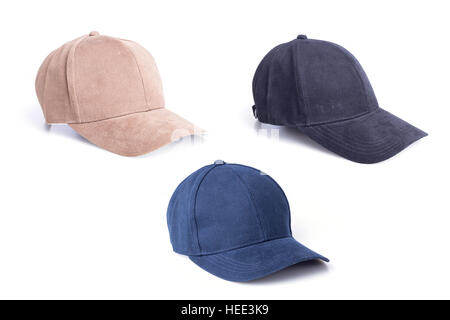 Close up new brown, black and blue baseball hat isolated on white background Stock Photo