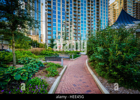 Walkway and modern buildings seen at Romare Bearden Park, in Uptown Charlotte, North Carolina. Stock Photo