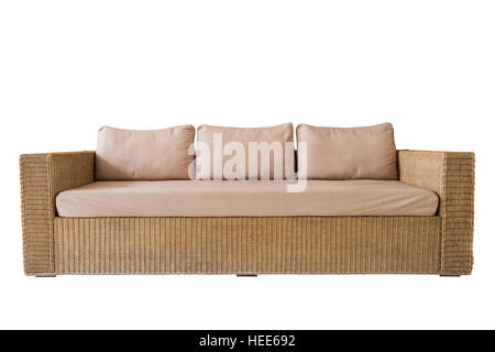 Rattan sofa with grey cushions isolated on white background. Saved with clipping path Stock Photo