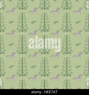 Horse among forest trees seamless pattern. Ethnic ornament vector background. Stock Vector