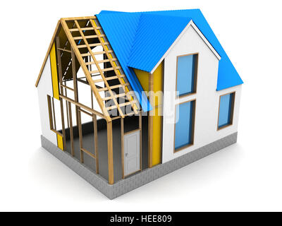 3d illustration of frame house construction process