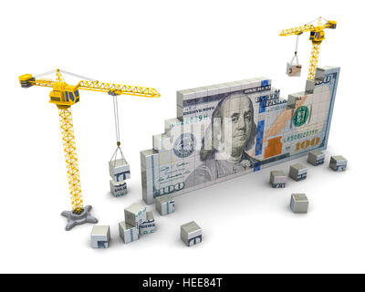 3d illustration of two cranes building hundred dollars Stock Photo