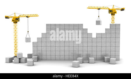 3d illustration of two cranes building wall with space for text Stock Photo