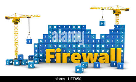 3d illustratiion of two cranes building firewall from binary code Stock Photo