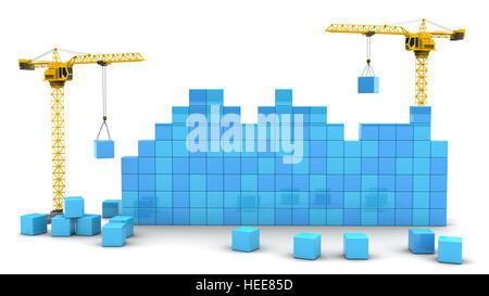 3d illustration of two cranes building cubes wall Stock Photo