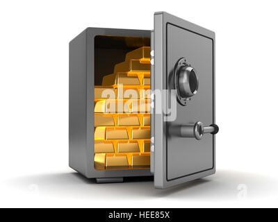 3d illustration of steel safe full of gold Stock Photo
