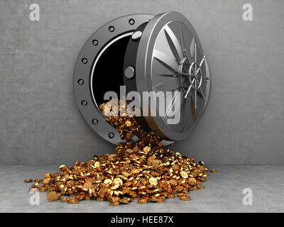 3d illustration of opened vault door and golden coins Stock Photo