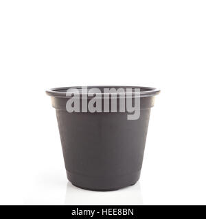 Black empty plastic bucket for seedlings isolated white background Stock Photo