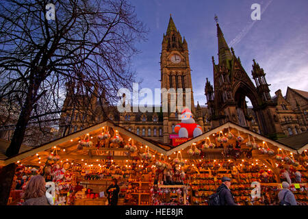 Manchester Christmas Market and Town Hall at Albert Square, Manchester Town Centre, Greater Manchester. England.